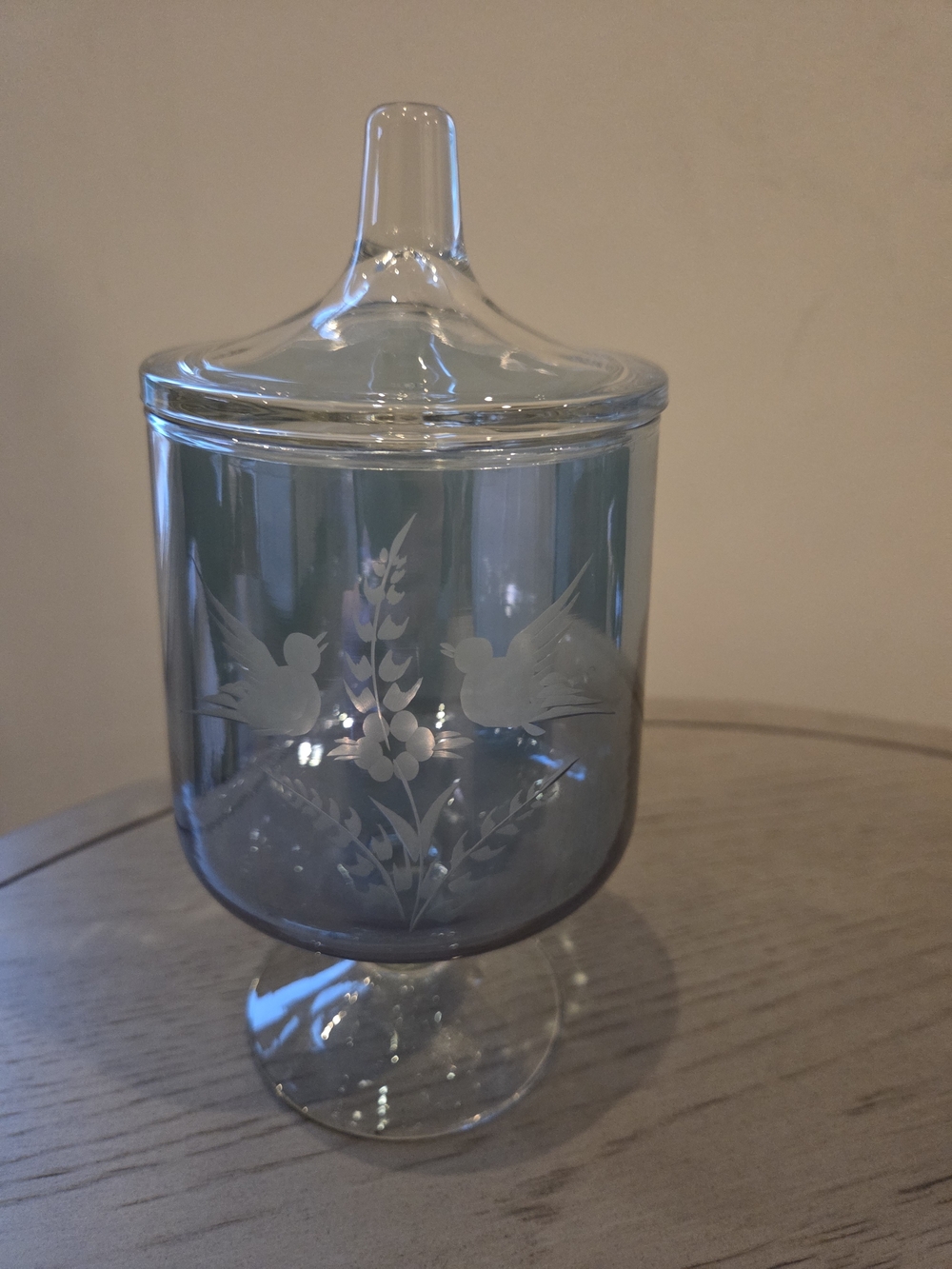Vtg MCM Blue Etched Love Birds Footed Candy Apothecary Jar With Lid